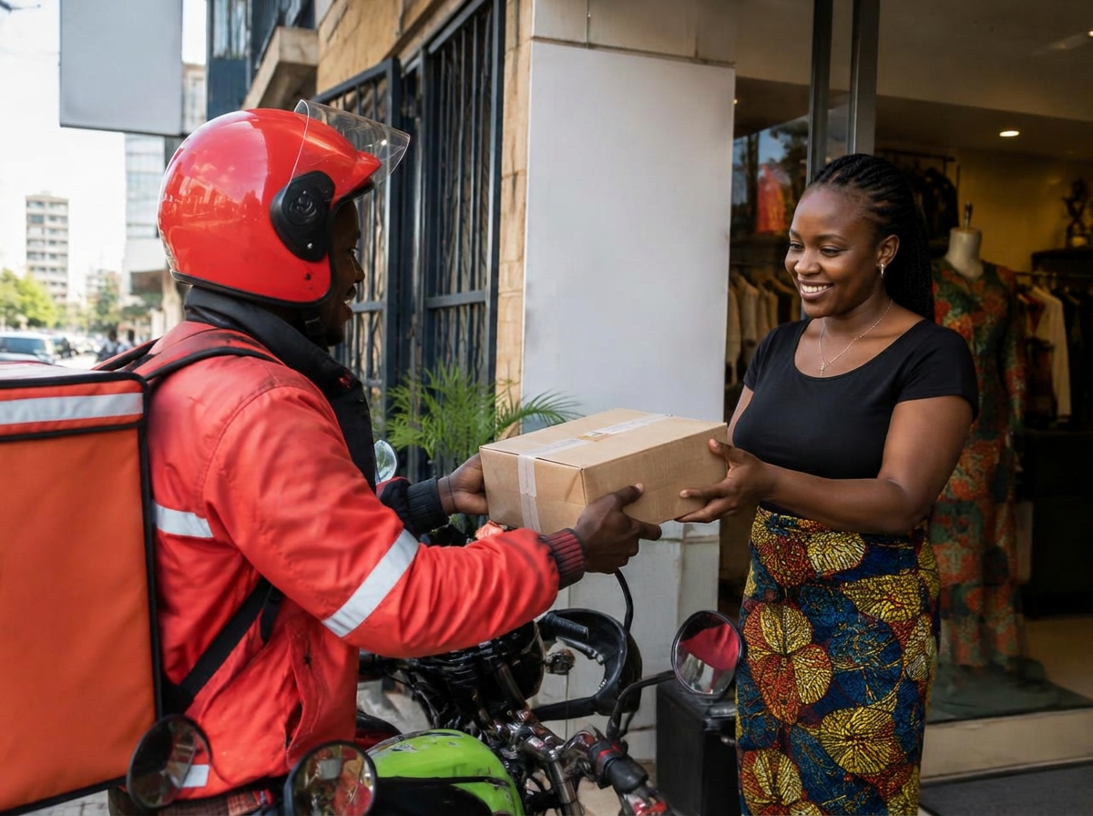 A courier handing a parcel to a shop owner in Nairobi