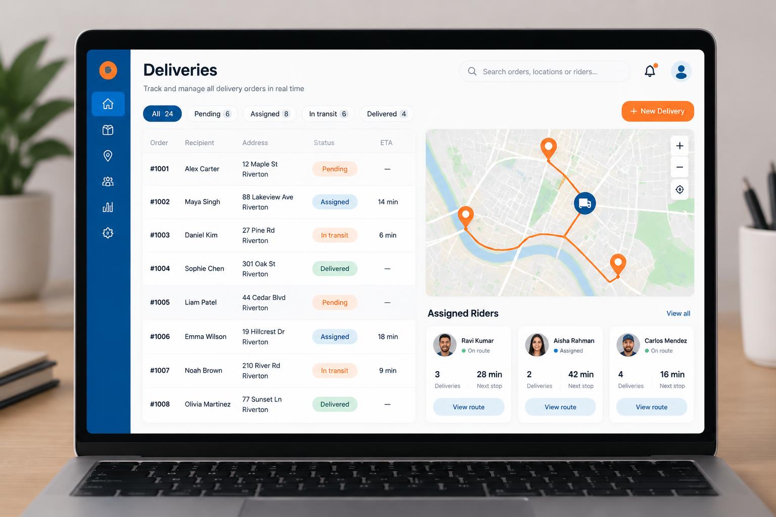 Illustrative Tumio dashboard showing orders, tracking and rider assignments
